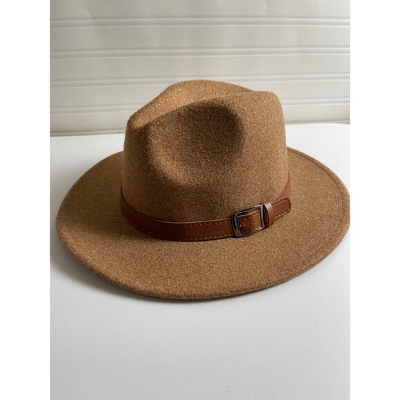 Women's Wool Blend Belted Hat Tan Elevated Boho Safari Moto Boho Monochrome - Picture 2 of 9